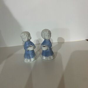 Boy And Girl Carolers Blue And White Candle Holder Figurines